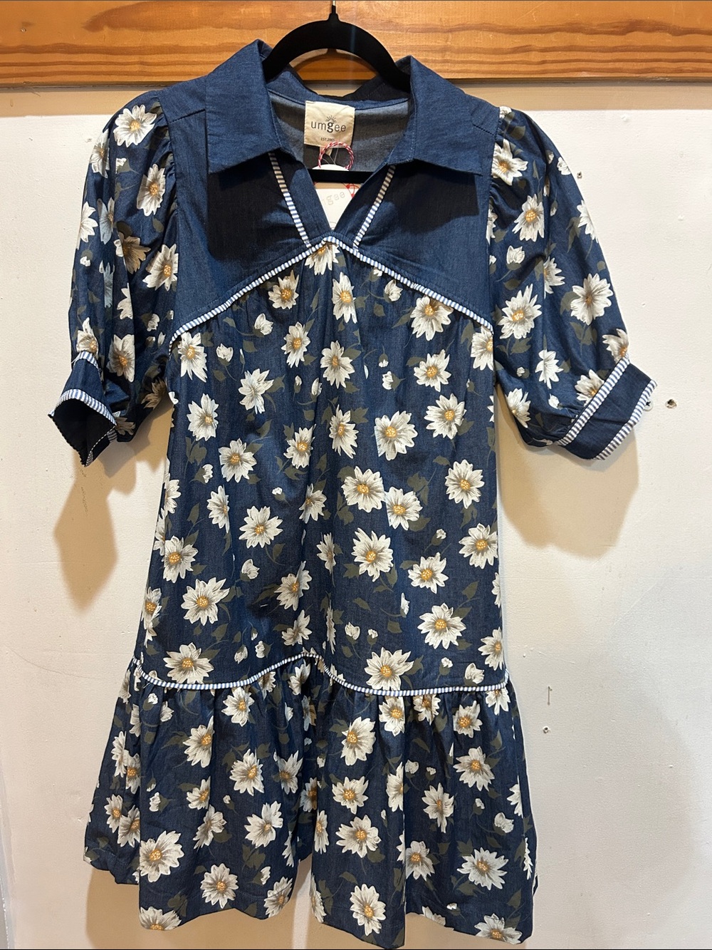 Umgee Dark Denim Daisy Print Chambray Dress